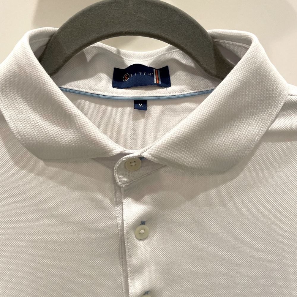 Stitch Golf shirts- white & blue striped, medium